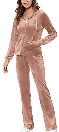 MessBebe Tute da Donna Tuta Sportiva in Velluto con Cappuccio Felpa con Cappuccio Set Ginnastica Sportivo Tuta Sportiva da Jogging Casual 2 Pezzi Ginnastica Tuta Manica Lunga Rosa Polverosa L