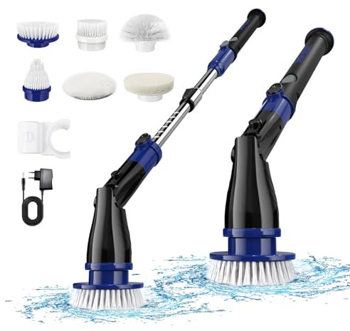 Tiptop Home Elektrische Reinigungsbürste, Electric Spin Scrubber Schnurlos Mit 6 Austauschbaren Bohrbürstenköpfen und Verstellbaren Teleskopstangen, Reinigungsbürste Elektrisch für Bad Fliesen Boden