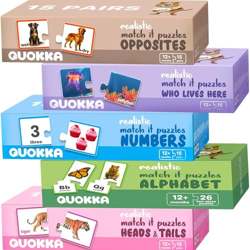 QUOKKA Toddler Puzzles For 1 2 Year Olds - 5 SET Realistic Puzzle Matching Games - Educational Jigsaw Toy for 2-3 Year Old - Numbers Animals Opposites ABC Learning Resources for Toddlers - Kids Gift