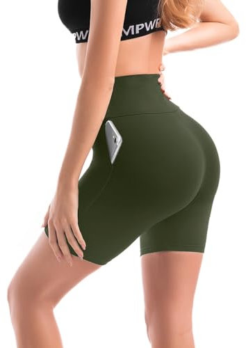 SINOPHANT High Waist Radlerhose Damen mit Taschen Kurz Shorts Leggings für Sommer Sport Fitness Yoga ArmyGreen LXL