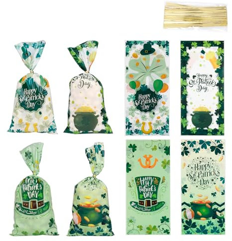 Kleine Zellophantüten für St. Patrick's Day, St. Patrick's Day für Süßigkeiten, Kleeblätter, Zellophan-Geschenktüten, Glückskleeblatt-Leckerei-Leckerei-Tüten für irische St. Patrick's Day