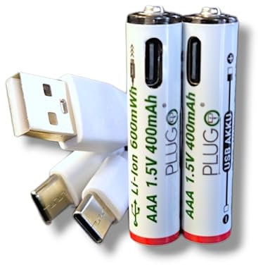 PLUGO | USB Akku | 1,5V AAA Lithium Batterie | mit 2in1 USB TYP-C Ladekabel | 600mWh | 2 Stück