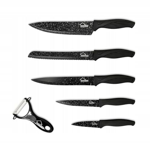 Edenberg Messer Set 5-teilig inkl. Schäler - 5X Edelstahl Küchenmesser und 1x Gemüseschäler - Fleischmesser Brotmesser - Messerset schwarz SH9381