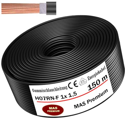 MAS Premium Câble d'alimentation en caoutchouc H07RN-F - 5-500 m - 1 x 1,5, 4, 6, 10, 16, 25, 35, 50 et 2 x 1 - Câble flexible pour appareils lourds - (H07RN-F 1 x 1,5 mm², 150 m)
