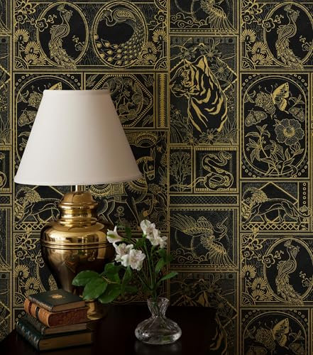Erfoni 78.7x17.7 Retro Peel and Stick Wallpaper Black and Gold Wallpaper Animals Stick and Peel Contact Paper Self Adhesive Wallpaper Removable Waterproof Wallpaper for Countertop Cabinets Covering