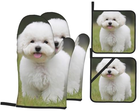 Bichon Frisé-Hunde-bedruckte Ofenhandschuhe und Topflappen, Set mit 4 Stück, hitzebeständige Küchenhandschuhe und heiße Pads zum Kochen, Backen, Grillen
