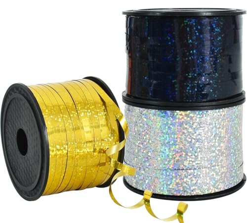 RIBBOOO 3 Rolls Geschenkband Laserband Golden&Silber&Schwarz - 5mm Luftballons Band Geschenkverpackung für Weihnachtsdeko Ballonverschlüsse Geschenkverpackung Hochzeitsdeko (200 Yard Balloon Ribbon)