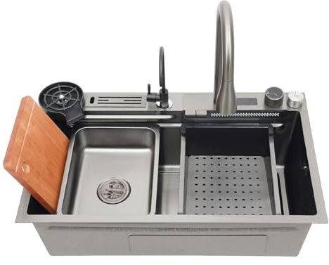 Fregadero de una sola cuenca fregadero de cocina inteligente cascada digital cuenca lugar de trabajo fregadero cocina fregadero fregadero cocina 75 x 46 x 22 cm con varios accesorios quooker grifo