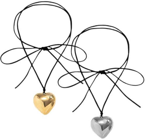 2 PCS Collana Girocollo a Cuore Gioielli,Girocollo in velluto regolabile con fiocco in velluto,collana con ciondolo a forma di cuore,elegante collana a catena con clavicola（oro+argento）