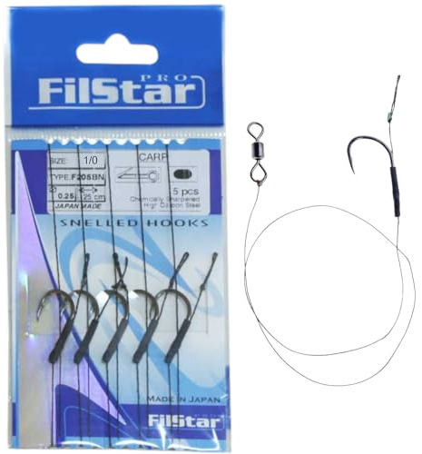 PRO FILSTAR Angelhaken Set 5 Stück, N1/0 mit Vorfach 25cm & Angelwirbel | Flechtschnur - Angeln Karpfen Zubehör - Fishing Hook CARP - Boilies & Pellet Haken - Sport Set - Carp Rig – Vorfachschnur