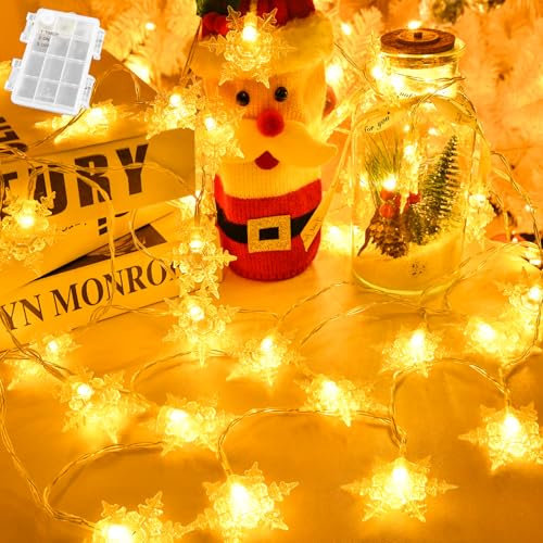 Gcstnn Lichterkette Batterie Außen, 3M 20 LED Schneeflocke Warmweiß Lichterkette mit 6h Timer, IP65 Wasserdicht Lichterkette für Zimmer Weihnachten Außen Innen Dekorationen