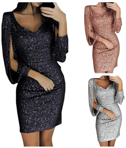 Pailettenkleider für Damen Gold Glitzerkleid Partykleid Kurz Silber Schwarz Glitzer Kleid Pailletten Kleider Fransen Langarm Cocktailkleid Elegant Sexy Hochzeitskleid Festlich Abendkleid