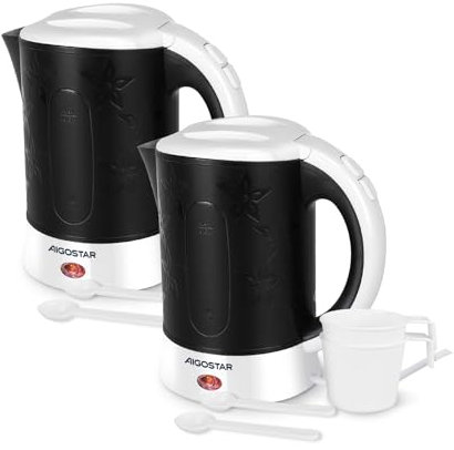 Aigostar Hervidor de Agua Compacto 0,6 Litros, Libre de BPA, 650W Hervidor Agua Pequeño, Apagado Automático, Protección Contra la Ebullición en Seco. Incluye dos tazas y dos cucharas, Negro, 2 Pack