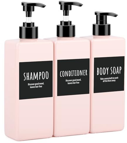 Segbeauty Shampoo Spender, 3 Stück Seifenspender 500ml, Shampoo Flaschen zum Befüllen, Seifenspender Plastik, Seifenspender Bad mit Wasserdichtes Etiketten, Pumpspender Nachfüllbar (Rosa)