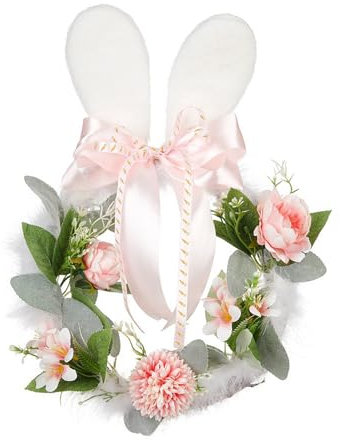 RXMORI Osterhasen-Ohr-Blumenkranz, Frühlingskranz mit Plüsch-Hasenohren und Seidenblumen, Kleiner Blumenkranz für Frühlings-Osterdekoration