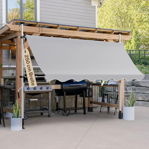 arvioo Klemmmarkise Sonnenschutz, Dein Flexibler Schattenspender, Markise Balkon ohne Bohren Höhenverstellbar & Winkelverstellbar & UV-beständig & Wetterfest, Markise Balkon 250 cm Breit (Grau)