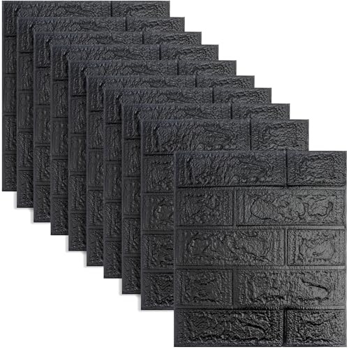 Roellgs 10Pcs 35X38cm 3D Brick Wallpaper, Faux Foam Brick Wall Panels Peel and Stick, Waterproof for Bedroom, Living Room, and Kitchen Decor (Black)