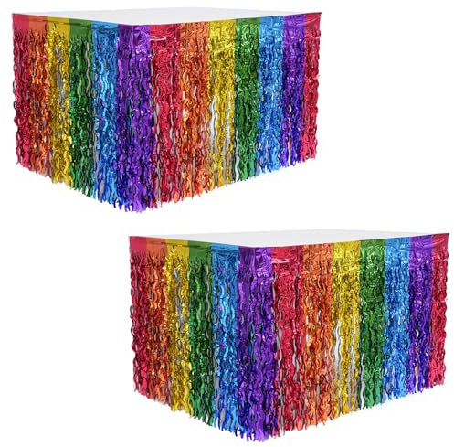 Moerstar 2 Stück Regenbogen Tischrock, Regenbogen Partydekorationen, buntes Gewellte Metallische Lamettafolien Fransen Tischröcke für Stolz Gay Pride Party Geburtstage Festivals