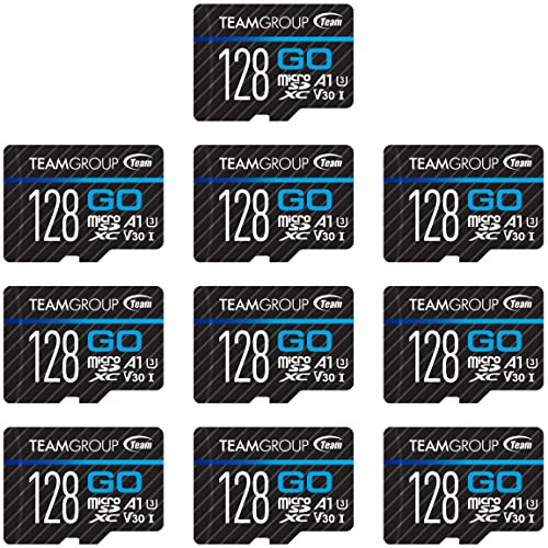 TEAMGROUP GO Card 128GB 10 Pack Micro SDXC UHS-I U3 V30 4K for GoPro & Drone & Action Cameras High Speed Flash Memory Card with Adapter for Outdoor Sports, 4K Shooting, Nintendo-Switch TGUSDX128GU373