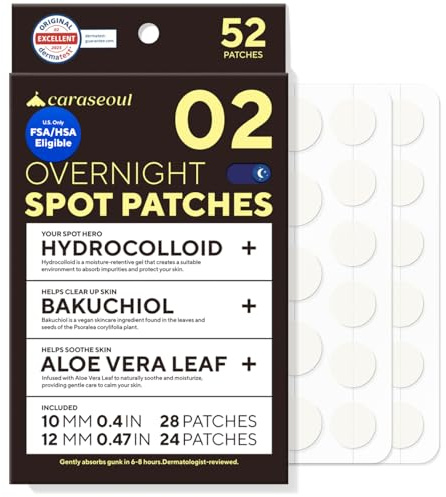 caraseoul Overnight Pimple Patches (52 Count) | Thicker & Extra Adhesion, 2 Size Hydrocolloid Acne Patch for Zits and Blemishes, Bakuchiol & Aloe Vera, Korean Skin Care