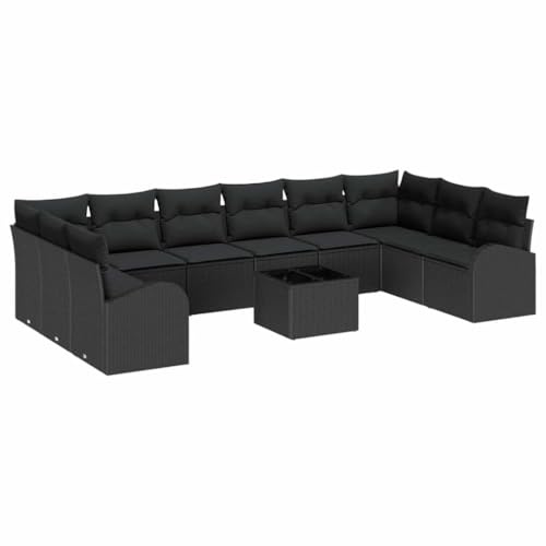 vidaXL 11-teiliges Gartensofa-Set mit Kissen in Schwarz aus Poly Rattan – Modulares Outdoor-Sitzmöbel für Patio, Balkon, Terrasse und Poolbereich.