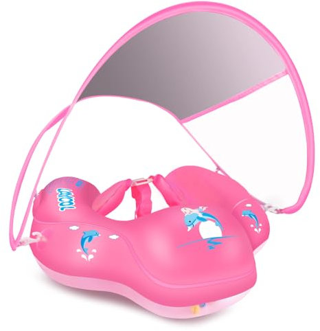 Schwimmring Baby mit UPF50+ Sonnenschutzdach & Spielzeug, Verstellbarer Sicherheitssitz, Kleinkind Pool Schwimmring für 3-36 Monate (Rosa Update, S)