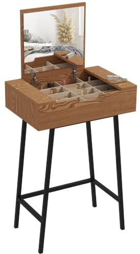 HOMCOM Dressing Table with Flip-Up Mirror, 16 Small Compartments, Industrial Vanity Desk, Makeup Desk with Steel Legs for Bedroom, Natural Wood Effect