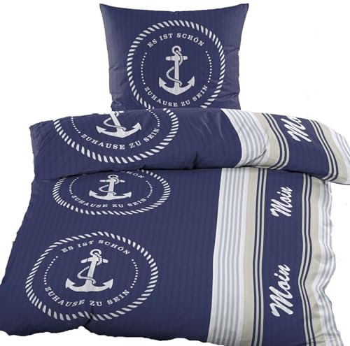 KH-Haushaltshandel 2-TLG. Seersucker Bettwäsche, 135x200 +80x80cm, blau weiß, maritim, Anker, bügelfrei, (60392)