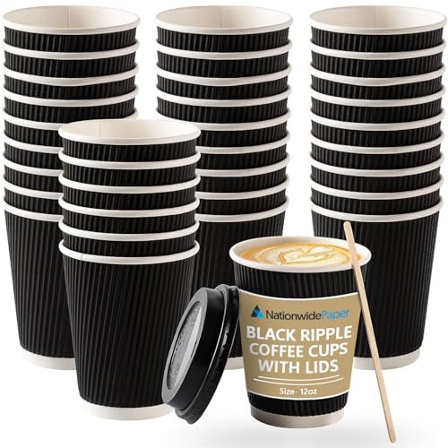 Nationwide Paper Takeaway Coffee Cups 12 OZ - with Lids - 400 Disposable Black Ripple Coffee Cups - Ideal for Takeaways