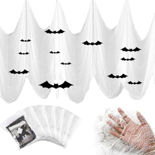 6 Stück Halloween Deko Stoff, 183 x 76 cm Halloween Gruseliges Tuch Gaze Dekorationen mit 12 Fledermaus Aufkleber, für die perfekte Grusel-Atmosphäre, für Indoor Outdoor Garten, Fenster (Weiß)
