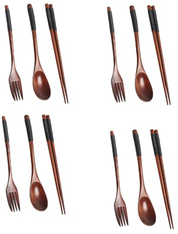 Uikdjgu 4X Wooden Flatware Set, Wooden Portable Set Chopsticks Spoon Fork Tableware Dinnerware with Black Twining Thread