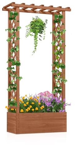 FANTASK Blumenkasten mit Rankhilfe, 66 x 32 x 152 cm, Hochbeet mit Rankgitter & hängendem Dach, Pflanzkasten für Kletterpflanzen & hängende Körbe, Pflanzkübel Holz für Garten Hof Terrasse (Braun)