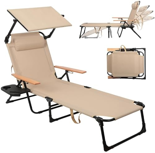 Sonnenliege, Gartenliege Liegestuhl mit Kopfkissen, Klappbar Sonnenliege, Verstellbare Rücken- und Beinauflagen, Strandliege für Balkon, Terrasse, Camping, Beach (Beige mit markise)