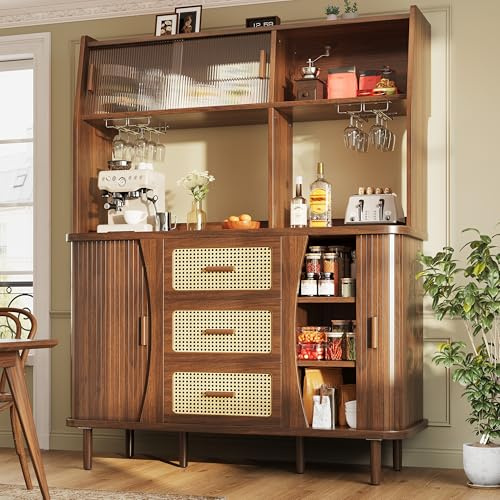 Zepneiy Buffet Cuisine Rangement avec Portes Coulissantes en Verre, Buffet Bois en Rotin Meuble Cuisine Haute, Meuble de Rangement 3 Tiroirs, Noyer 140x40.5x174.5cm