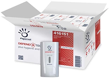 Papernet Defend Tech - Antibakterieller Seifenspender 416151, Recycelter und antibakterieller Kunststoff, 6 Stück pro Packung, Größe 22x13,9x11,6cm, Fassungsvermögen 0,5 Lt, Farbe Weiß