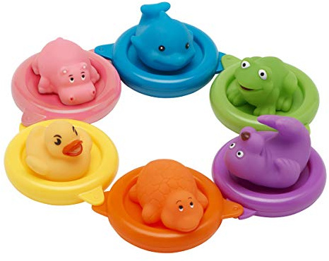 vital baby SPLASH Swim Rings, Multicoloured | Six animal squirters and six colour-matched floating rings encourage imaginative play, matching and coordination.