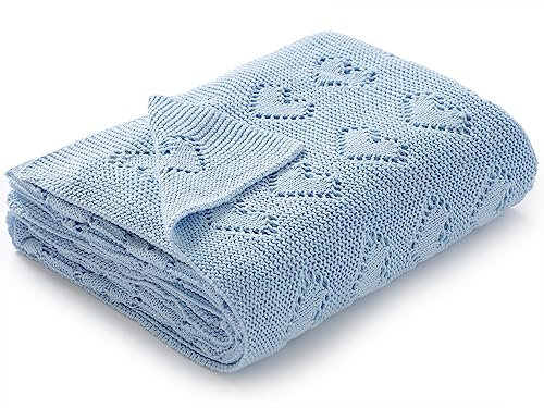 mimixiong Babydecke aus 100% Baumwolle - kuschelige Strickdecke ideal als Neugeborene, 100 x 80 cm (Blau)