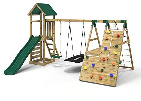 Rebo® Wooden Climbing Frame with Swings, 6 and 8ft Slides and Climbing Wall - San Luis Green | OutdoorToys | Pressure Treated Timber, Sturdy Wooden Construction