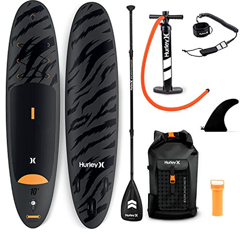 Hurley Advantage Stand Up Paddle Board mit wandelbarem Rucksack, Luftpumpe, verstellbarem schwimmendem Paddel, gewickelter Leine, Flosse und Reparatur-Set (schwarzer Tiger)