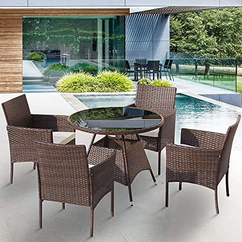 Topchances Rattan-Terrassenmöbel-Set, 5-teilig, Lounge, Terrasse, Rattan, 4 Stühle mit 1 Loungetisch mit Glasplatte für Garten/Cafe/Terrasse/Pool/Outdoor/Indoor Esstisch Set