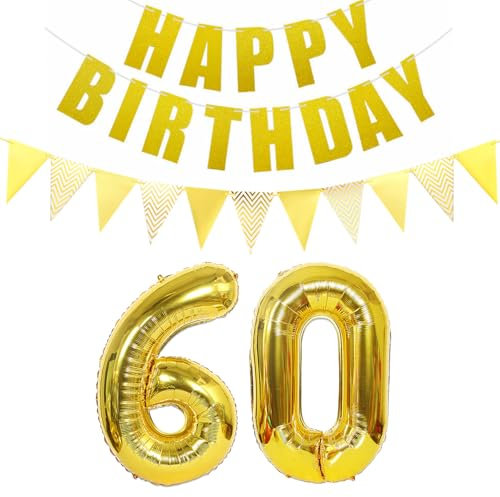 Luftballons Zahl 60 gold + Happy Birthday Girlande + banner Folienballon 60.Geburtstags deko frau mann ballons 60 Jahre Geburtstag deko frauen Zahlenballon 60 Geburtstag dekoration Männer frau(60)