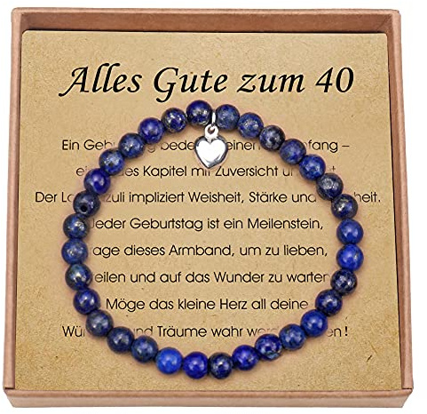 Giuesytic Geschenke Zum 40 Geburtstag für Frauen Lapislazuli Armband mit Sterling Silber Herzanhänger 40. geburtstag mit Karte und Geschenkbox