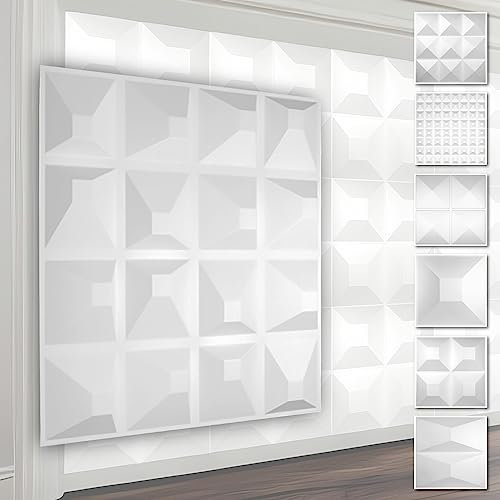 Paneles de pared de PVC 3D - Revestimiento de pared 3D blanco - motivos piramidales (5QM paquete económico HD109 50x50cm) Paneles de dormitorio 3D
