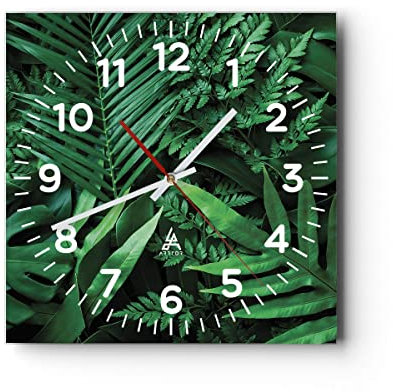 Modern Wanduhr Exotisch Blätter Monstera 40x40cm Quadrat Groß Wand Uhr Glas Analog Zimmeruhren Küche Büro Wohnzimmer Glasuhr Wall Clock Dekoration Design Wanddekoration Küchenuhr C4AC40x40-4746