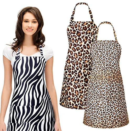 JenPen 3 Pcs Leopard Print Cosmetology Aprons 27 x 25 inch Animal Leopard Zebra Print Hairdresser Apron Waitress Server Aprons with 3 Pockets Waterproof Apron for Hair Stylist Nail Tech Makeup Artist