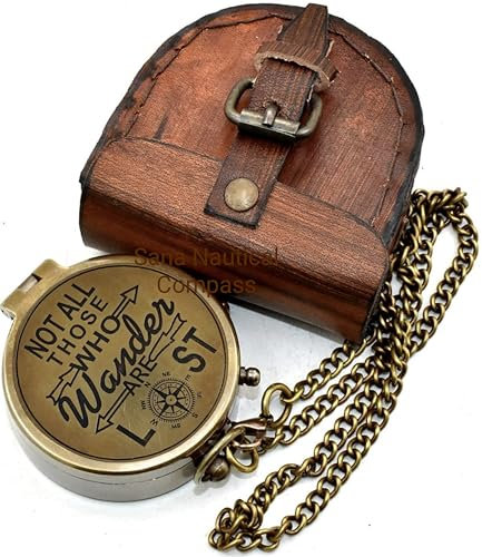 Kompass mit Gravur Not All Those Who Wander are Lost, Messing, mit Lederetui, Schulabschluss, Taufe, Kommunion, Konfirmation, Motivationstag, LOTR J.R.R. Tolkien'