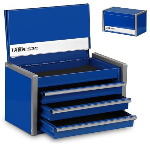 P.I.T. Mini-Werkzeugkasten, tragbar, 3 Schubladen, Stahl, mit magnetischer Verriegelung, blaue Mikro-Top-Truhe mit Einsatz für Werkzeugaufbewahrung, Heimwerker