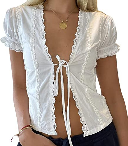 Women Open Front Tie Up T-Shirt Retro Lace Trim Puff Sleeve Cardigan Tees Fairycore Vintage Y2K White Crop Tops Summer (White, M)