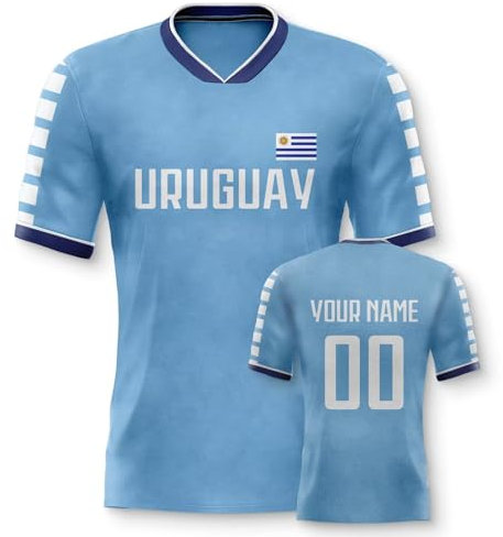 Yolovi Uruguay Personalisiertes Fussball Trikot 3D Druck Football Shirt mit Ihrem Namen und Nummer Hip Hop Football Jersey für Herren Damen Kinder, Small-6X-Large