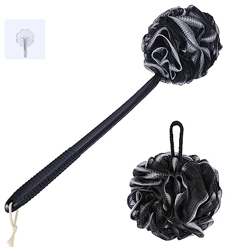 VANZAVANZU Ensemble d'éponges Loofah, manche en plastique antidérapant de 43 cm avec éponge de douche moelleuse, éponges de douche en mesh doux PE - Noir avec bord blanc